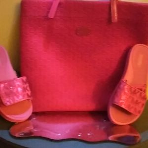 Red Michael kros slip ons and bag